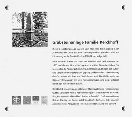 Beschilderung Grabsteinanlage Familie Kerckhoff
